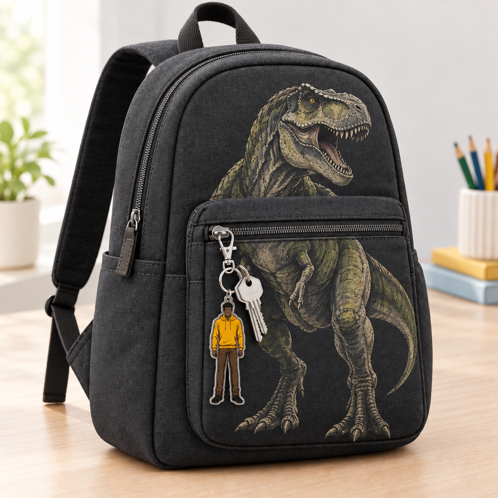 Adult-style charcoal backpack with one large dinosaur graphic and Square Yellow Hoodie Dude keychain