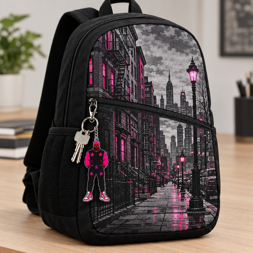 Black urban-scene backpack with Ghetto Pat keychain and keys