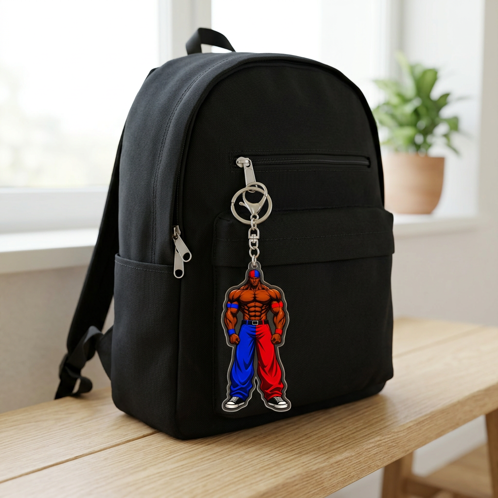 BloodCuh keychain clipped to a black backpack in a bright window-lit setting