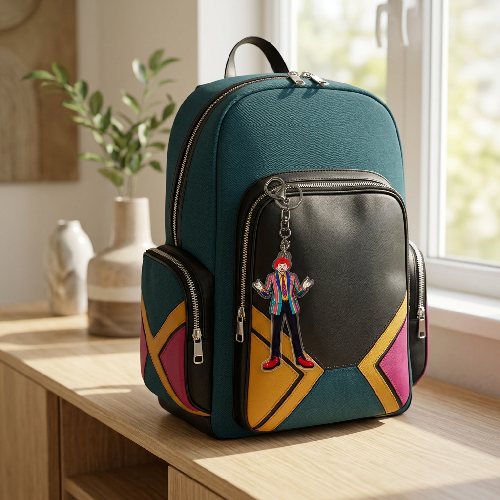 Boo Boo Da Foo Foo keychain on a teal and black color-block backpack with bright accents in a sunlit setting