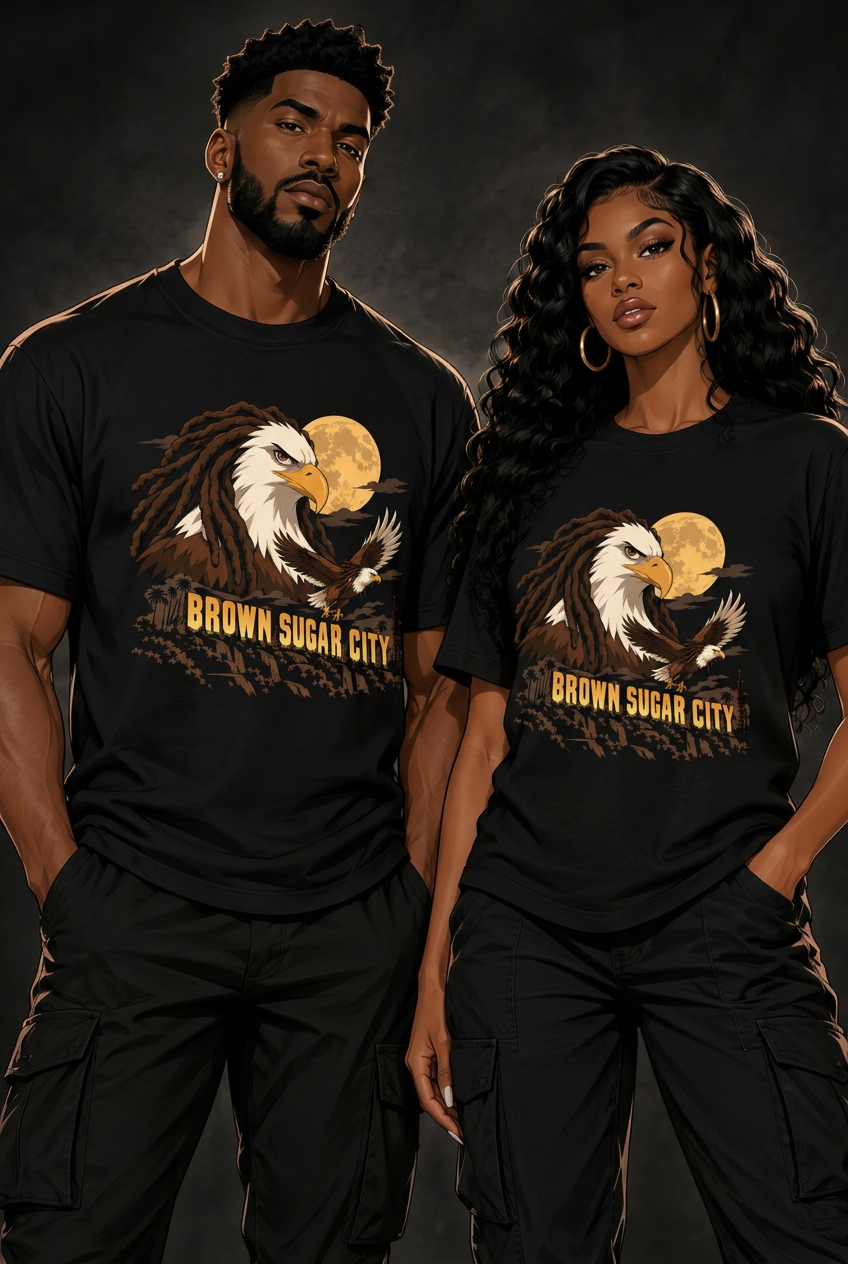 Brown Sugar City Eagle T-shirt mockup with a man and woman