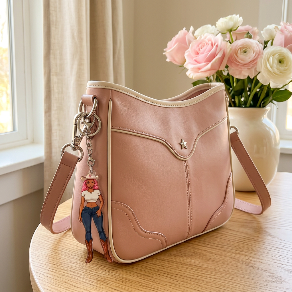 Cheeks keychain dangling from a cute blush-pink purse on a sunlit table with flowers nearby