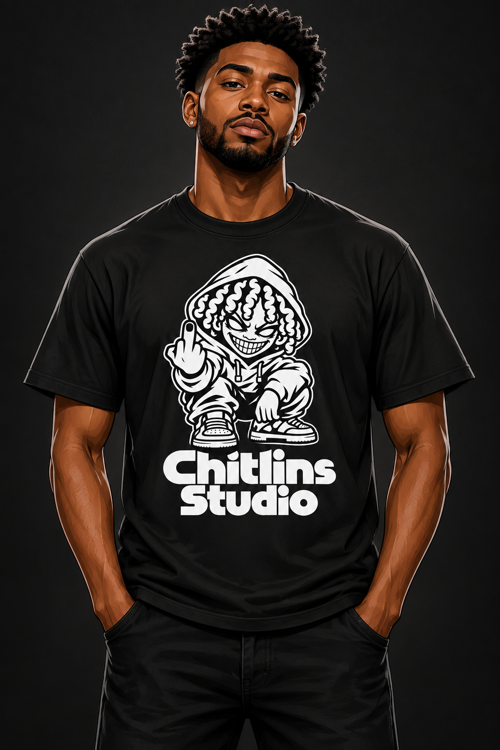 Chitlins Studio Logo T-Shirt on illustrated man avatar