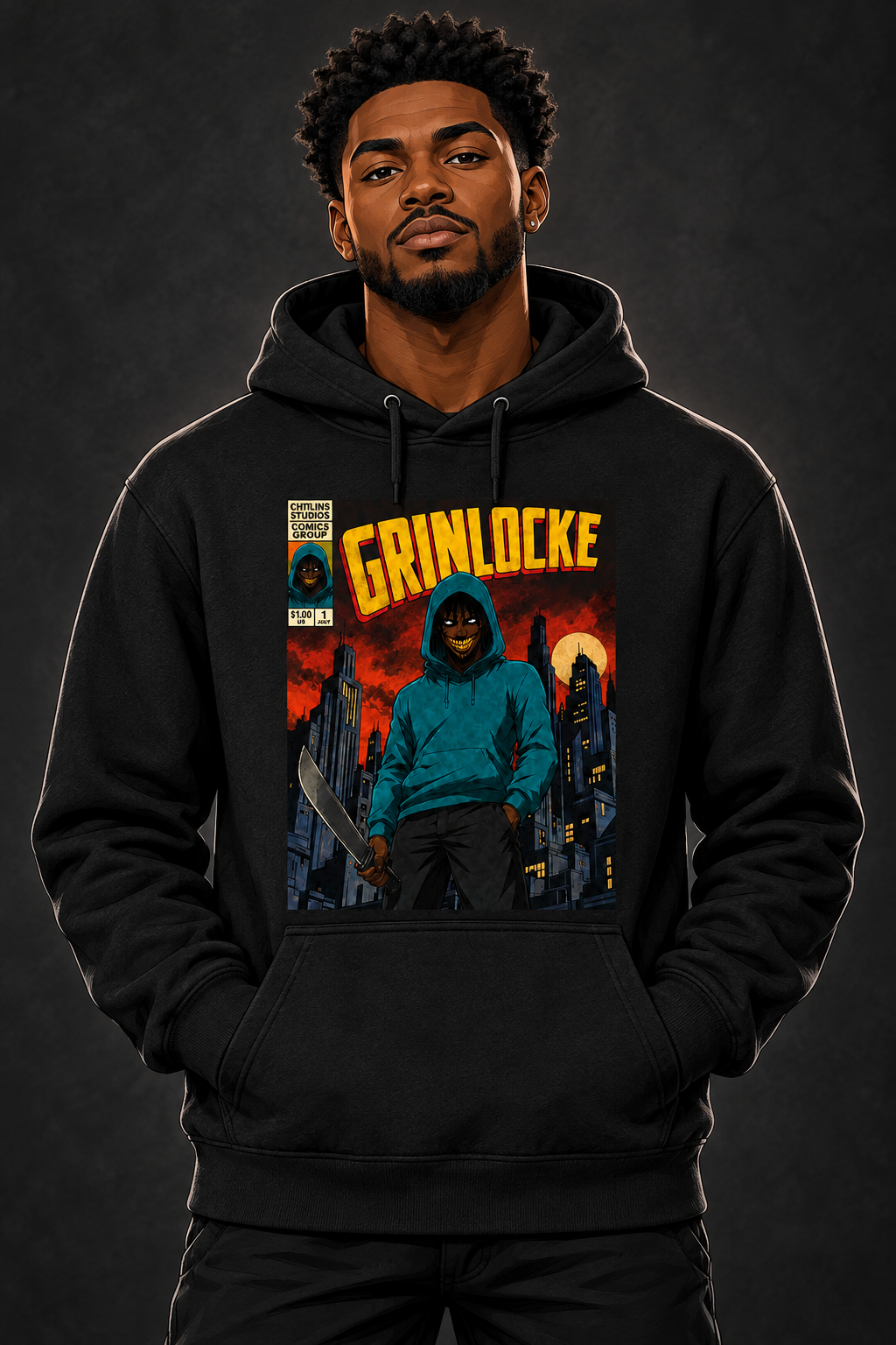 Comic Grinlocke Hoodie on illustrated man avatar