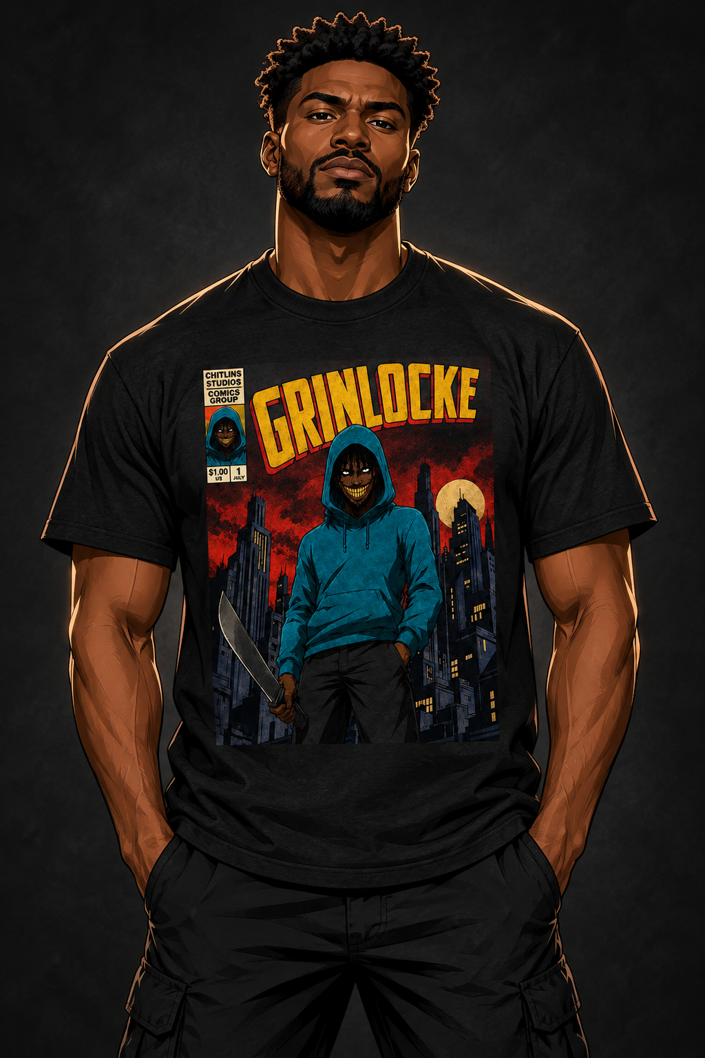 Comic Grinlocke T-Shirt on illustrated man avatar