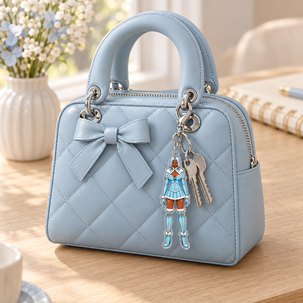 Cute powder-blue purse on a desk with Gumba keychain and keys