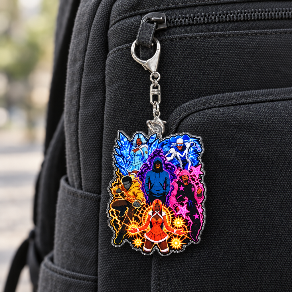 Family Fights Together acrylic keychain hanging on a charcoal backpack