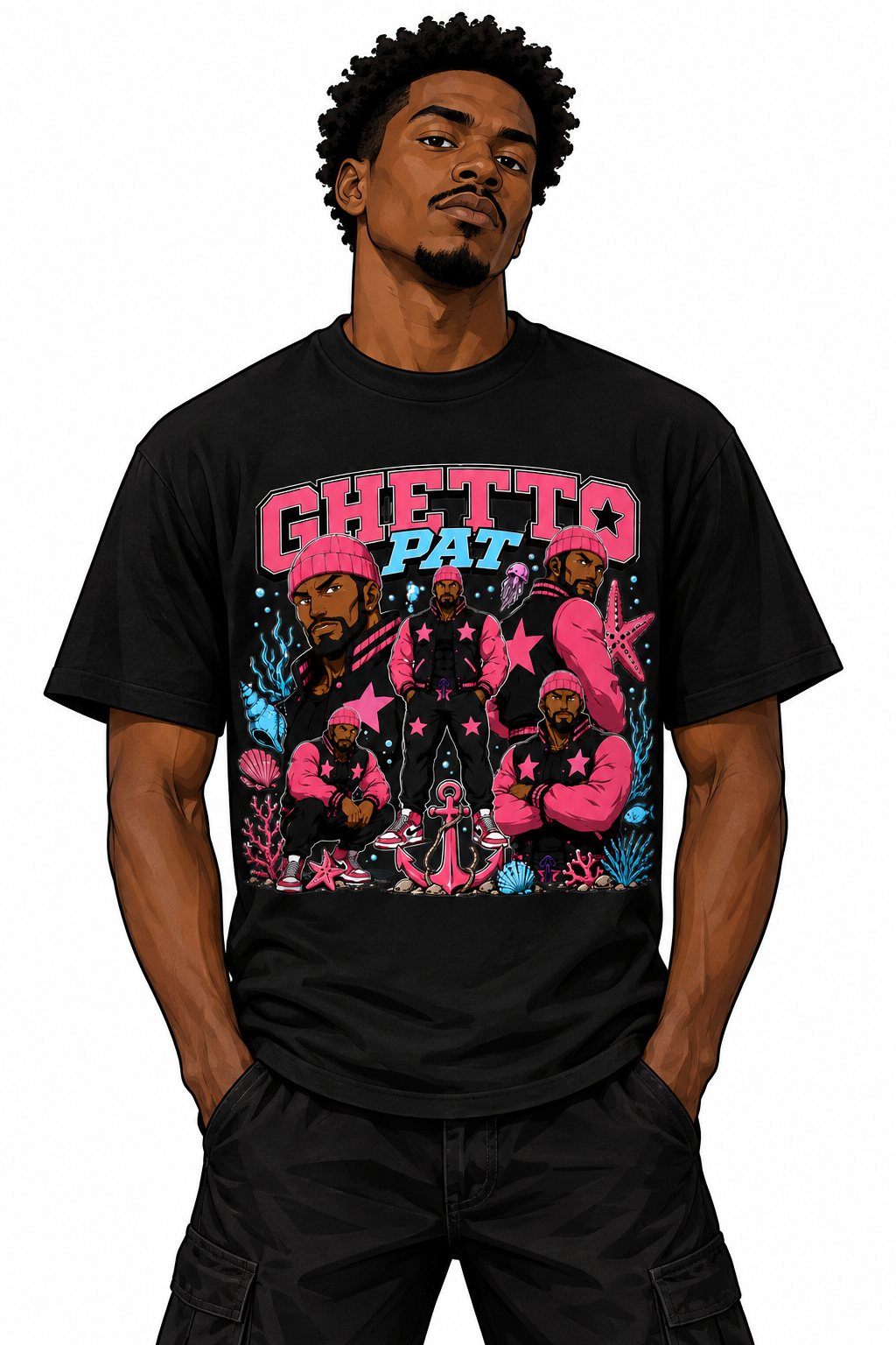 Ghetto Pat 90s Style Tee on illustrated man avatar