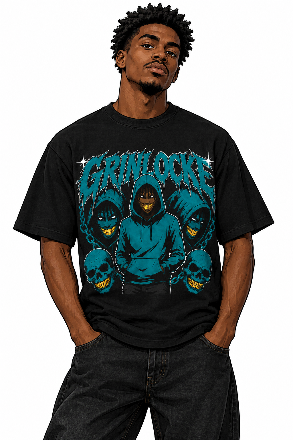 Grinlocke 90s Style Tee on illustrated man avatar