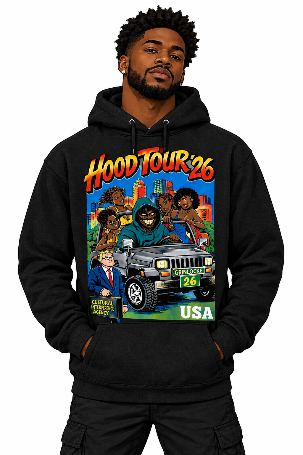 Grinlocke Hood Tour Graphic Hoodie on illustrated man avatar