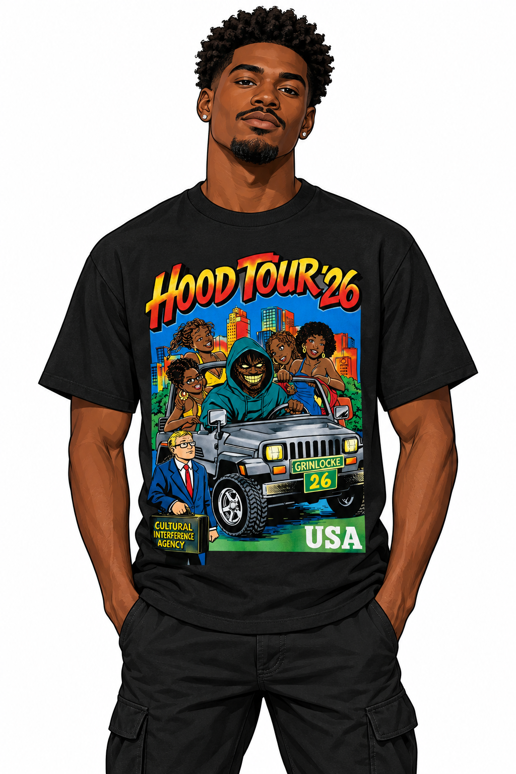 Grinlocke Hood Tour Graphic Tee on illustrated man avatar