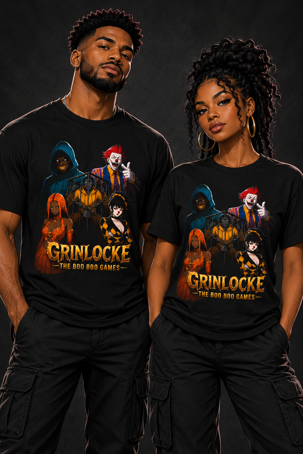 Grinlocke Movie Tee on illustrated man and woman avatars