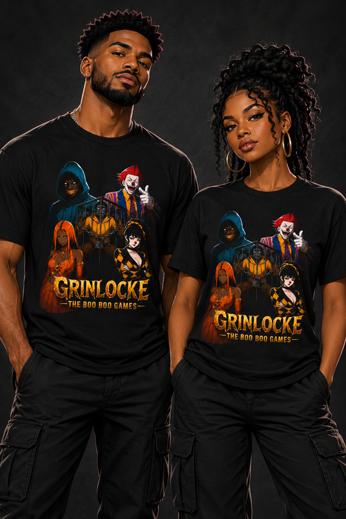 Grinlocke Movie Tee on illustrated man and woman avatars