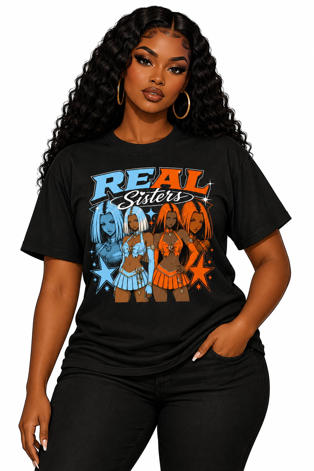 Gumba and Roux Real Sisters Tee on illustrated woman avatar