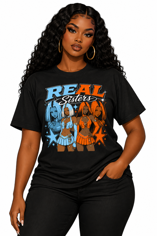 Gumba and Roux Real Sisters Tee on illustrated woman avatar