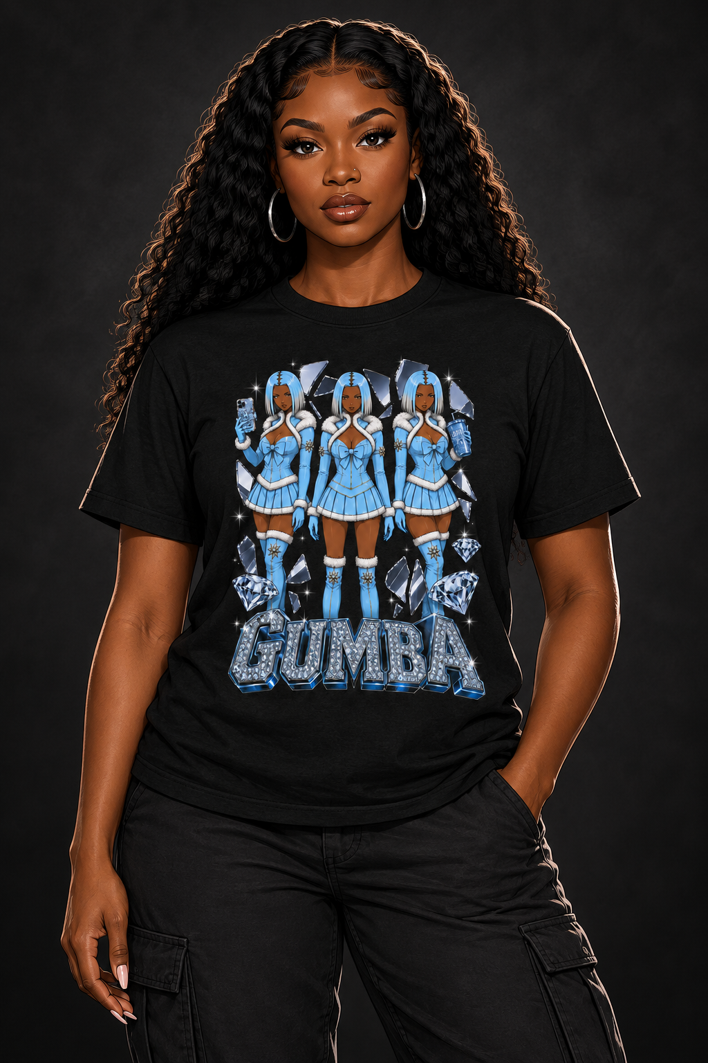 Gumba Phase 2 tee on illustrated African American woman avatar