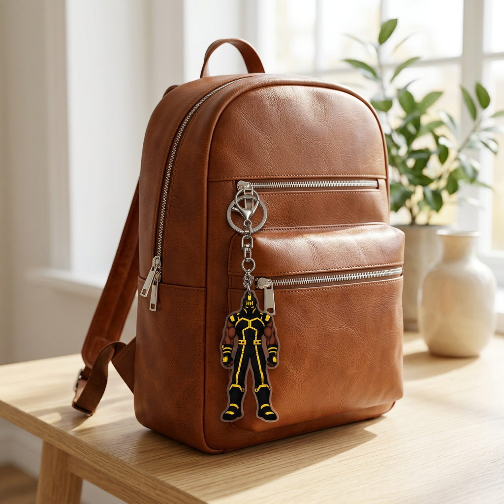 Hard Headed keychain clipped to a cognac leather backpack in a warm, window-lit setting