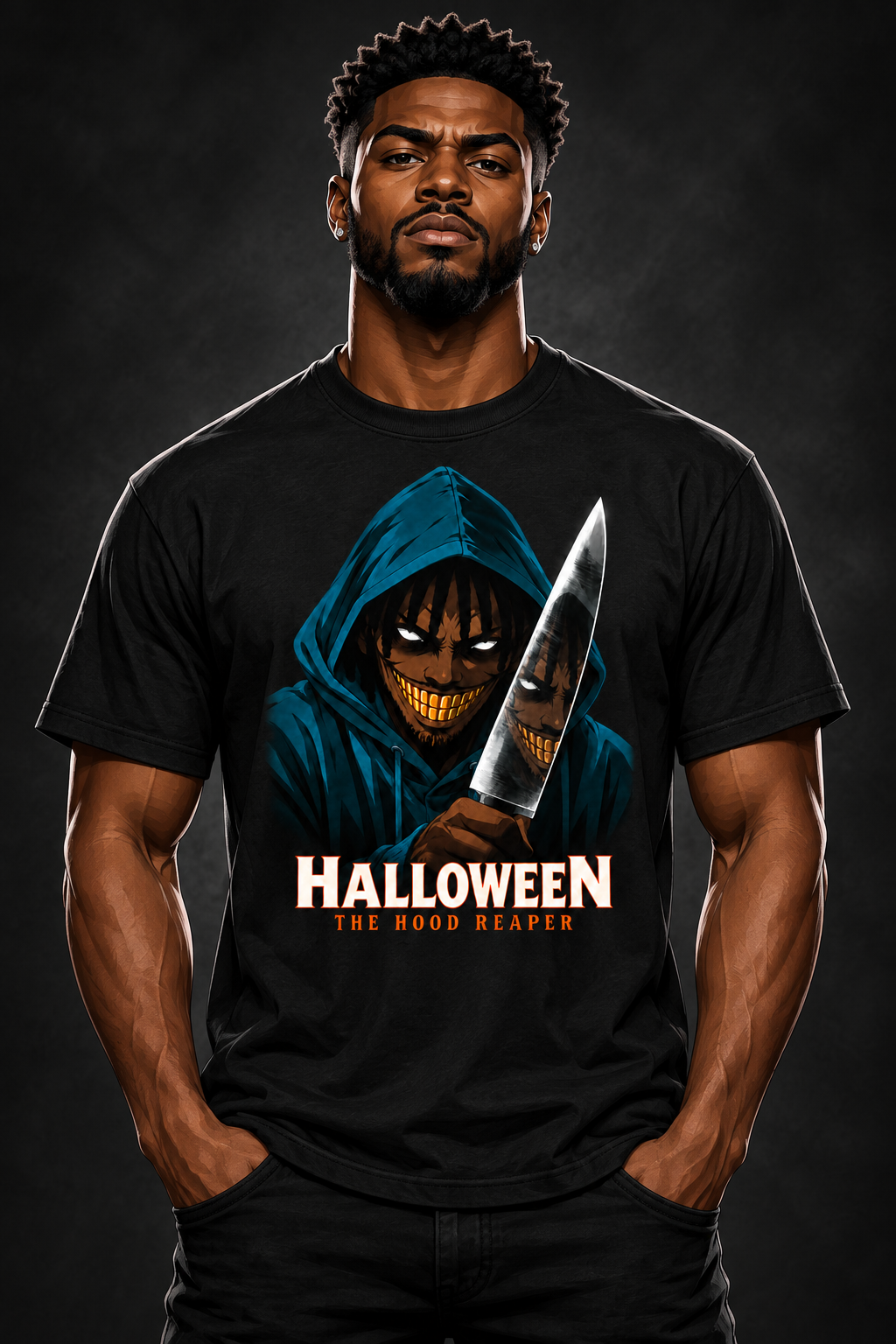 Hood Reaper Halloween T-Shirt on illustrated man avatar