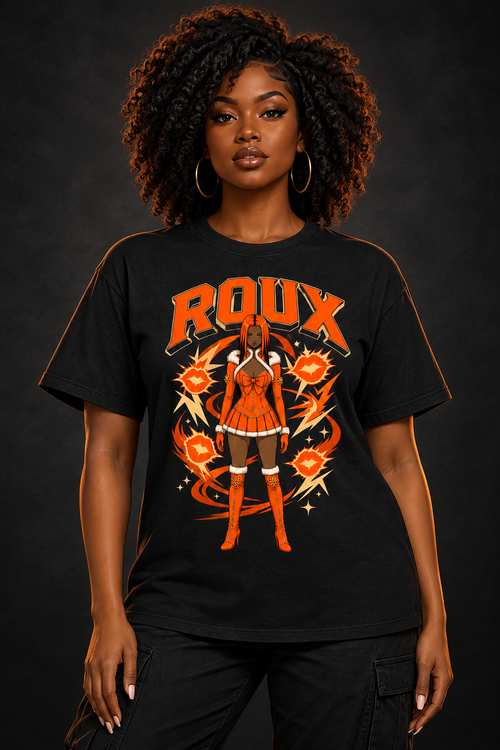 Illustrated African American woman avatar wearing the Roux Phase 2 T-shirt, front graphic visible; avatar mockup, not a fit photograph
