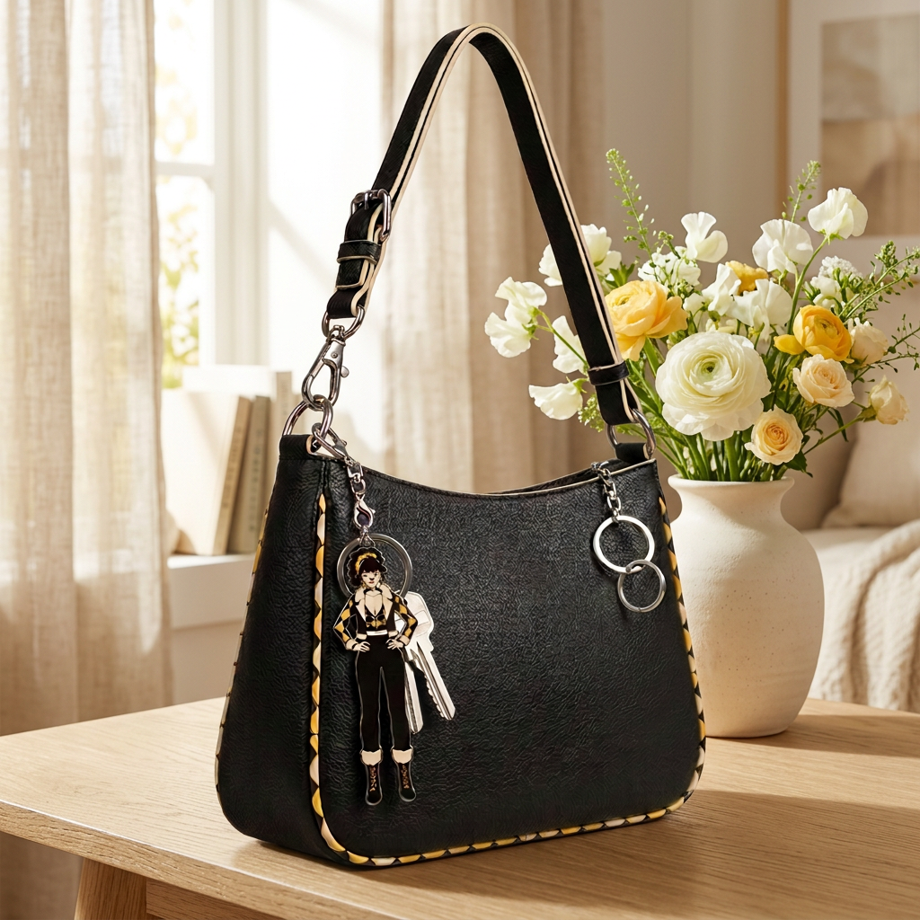 Jinx purse styled on a sunlit table beside a vase of flowers and a bright window
