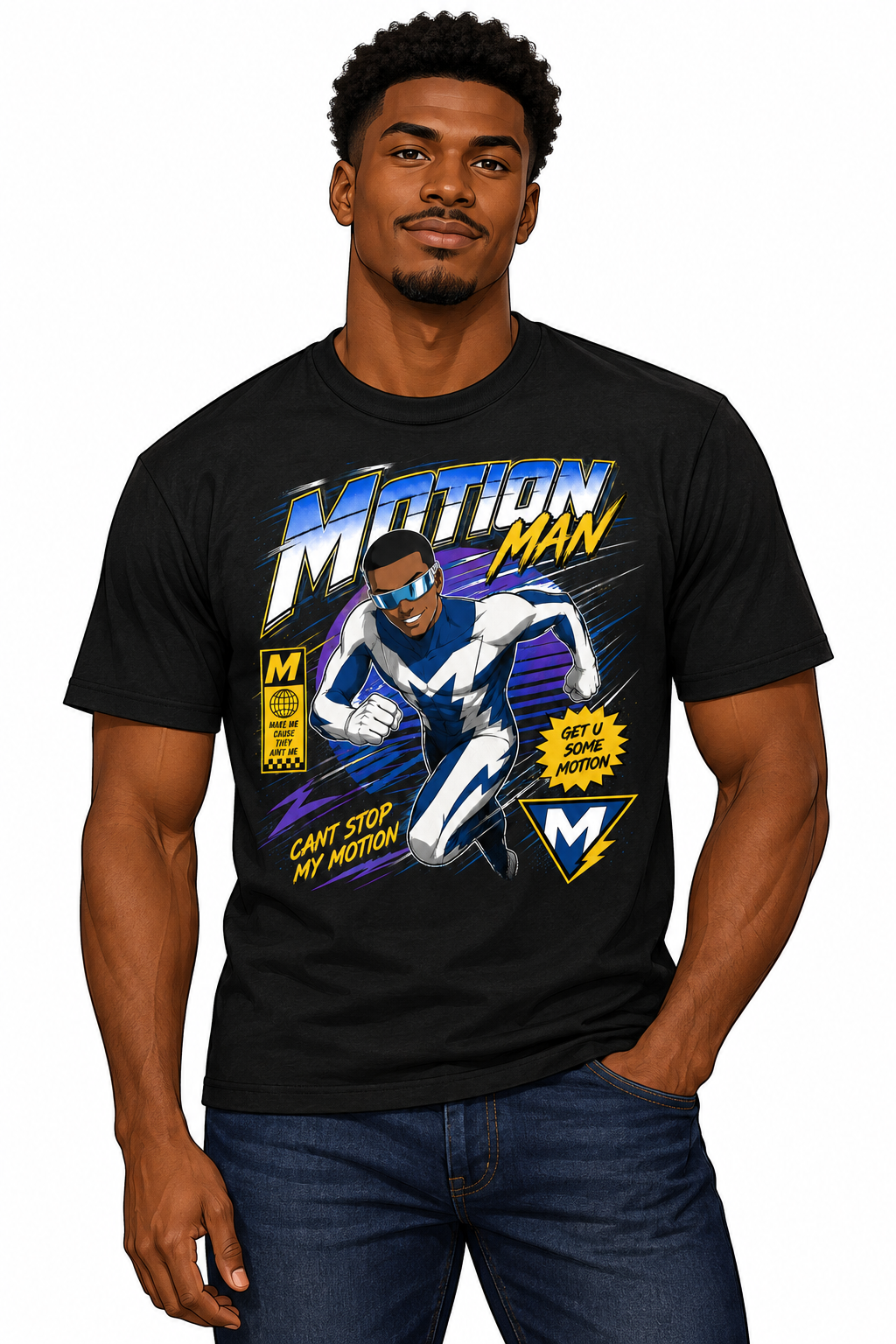 Motion Man Graphic Tee on illustrated man avatar