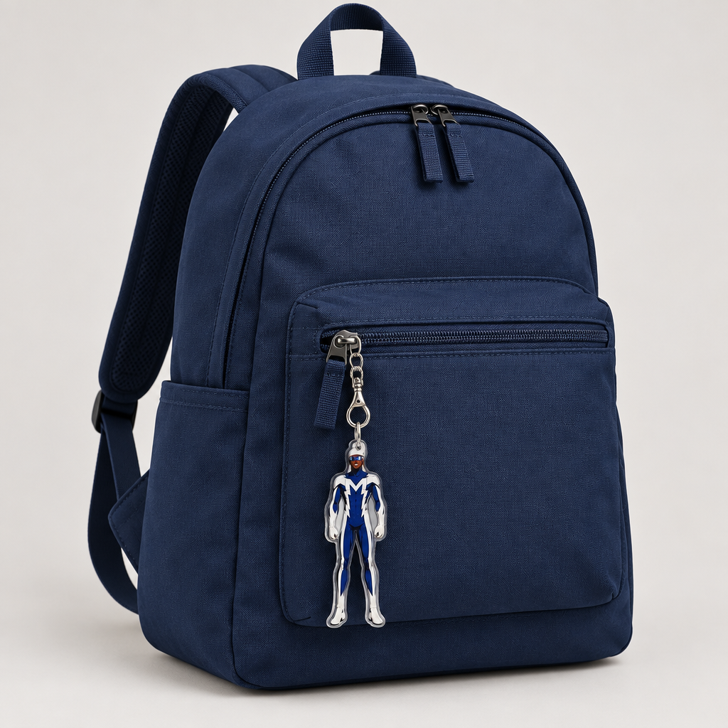 Navy backpack with Motion Man keychain attached to the front zipper