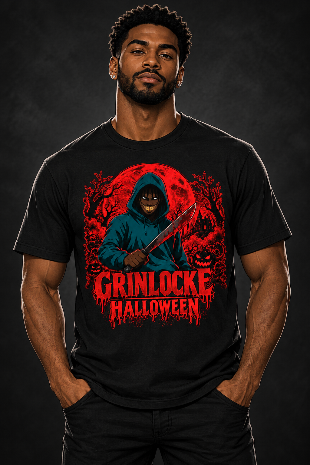 Red Halloween T-Shirt on illustrated man avatar
