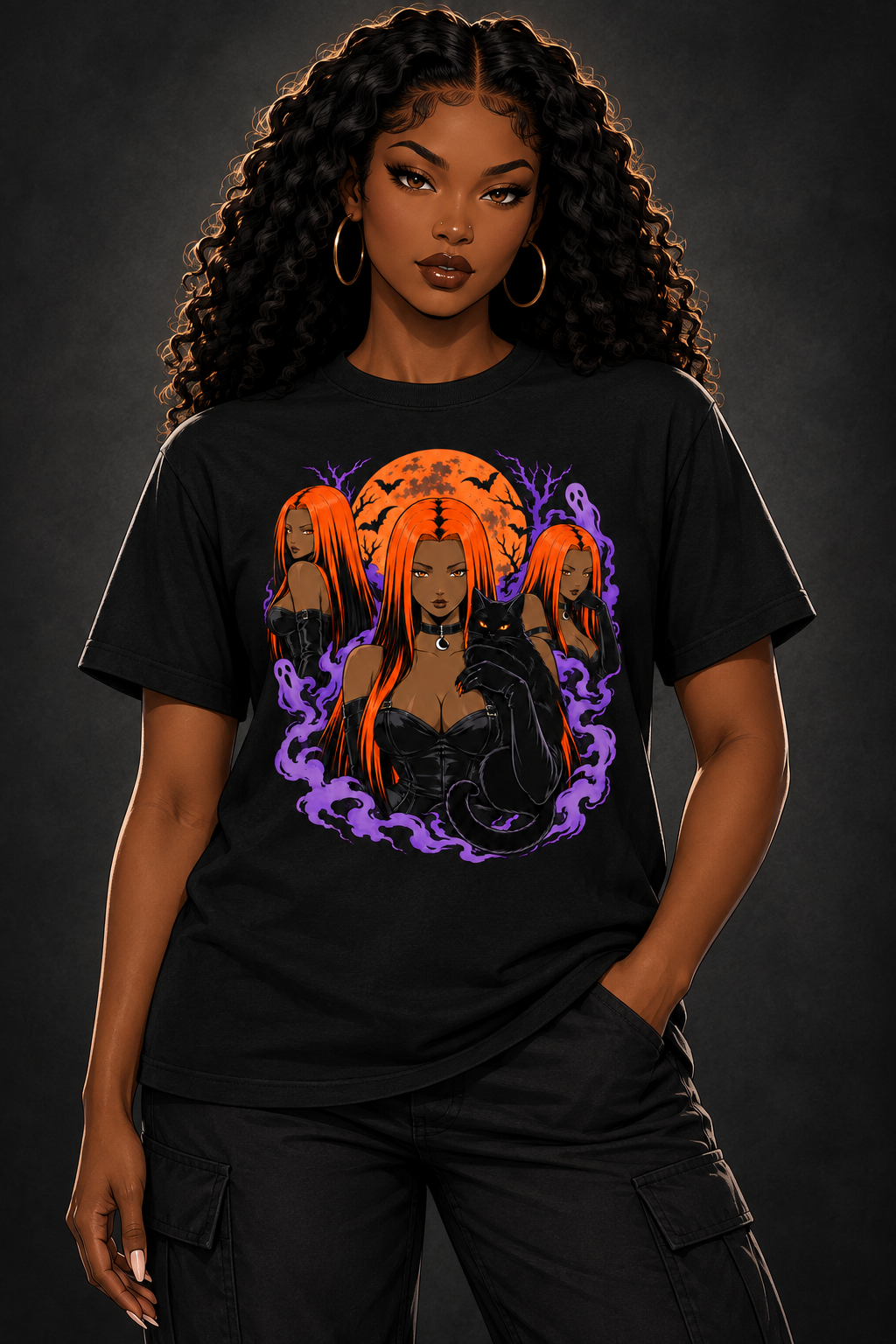 Roux Black Cat Halloween T-Shirt on illustrated woman avatar