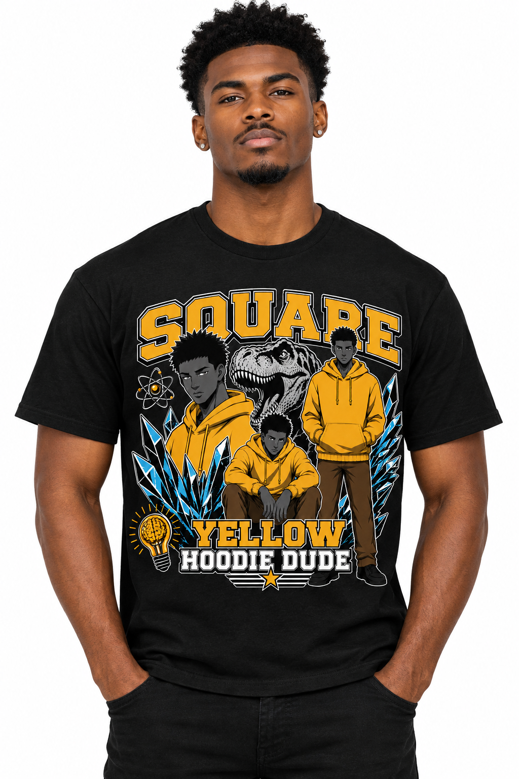 Square Yellow Hoodie Dude tee on man against plain white