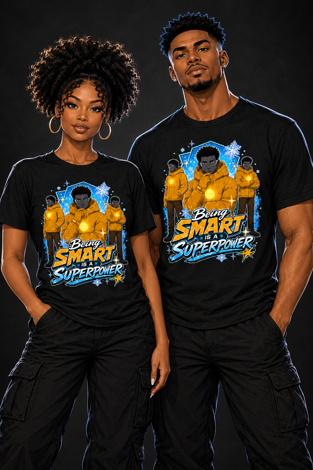 Superpower SYHD tee on two illustrated avatars together