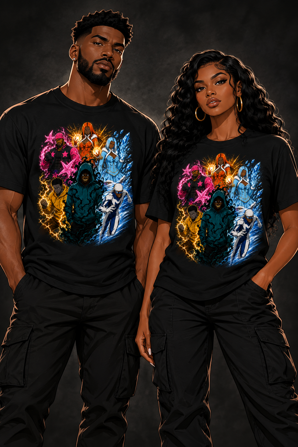 The Family Fights Together T-shirt on illustrated man and woman avatars