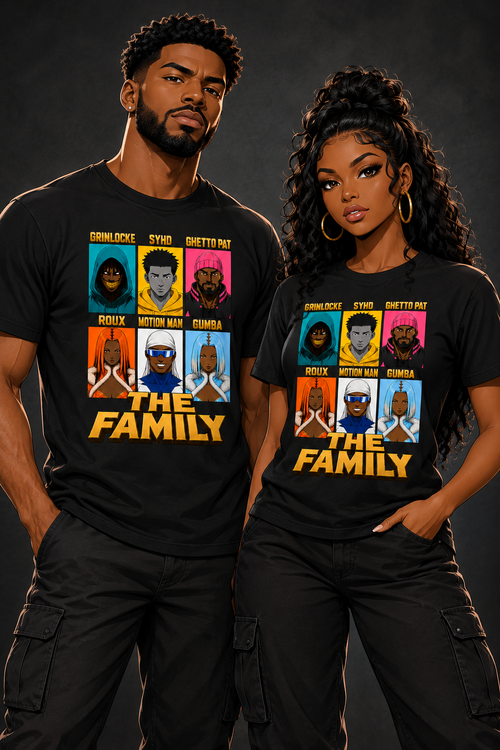 The Family Phase 2 tee on illustrated man and woman avatars